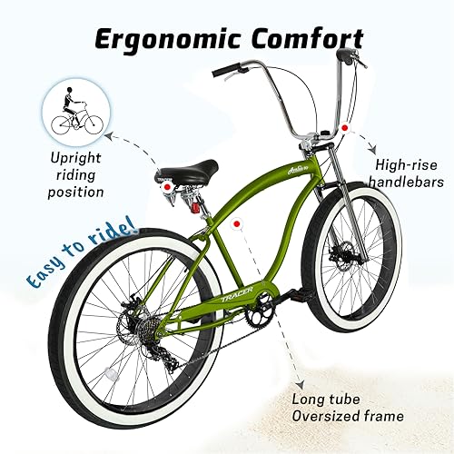 Bicicleta Tracer 1 Cruiser Playera, 7 velocidades con frenos de disco, ruedas de 26 pulgadas, color verde miniatura 5