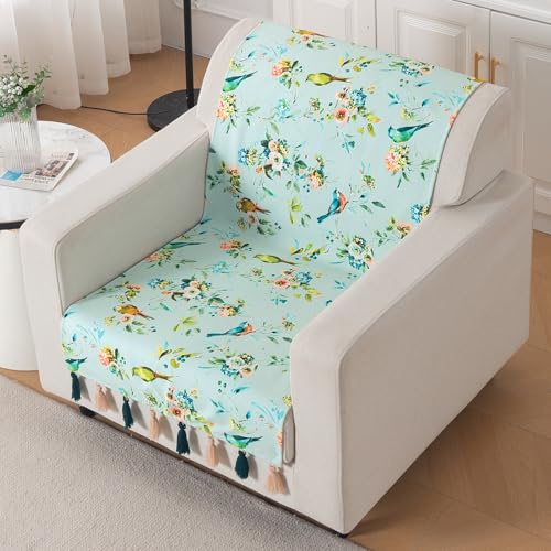 Image of HOKIPO Printed Holland Velvet Sofa Cover with Tassels for 1 Seater Sofa | Full Protection for Sofa Seat and Back | 'Whispers of Nature' (160x60 cm), Mint Birdsong Blossom (IN-1125-D3)