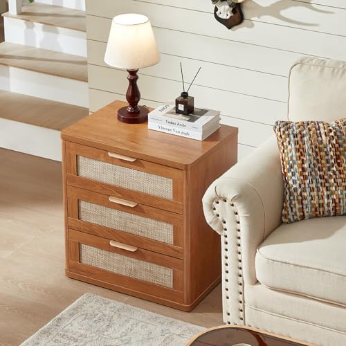 Image of LEYAOYAO Rattan Night Stand Set of 2 with Drawers, 23 inch Large 3 Drawer Boho Nightstand, Natural Wood Bedside Table Storage Cabinet, Bed Side End Tables Dresser for Bedroom, Living Room, Hallway, Closet