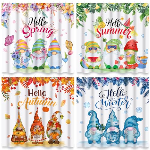 Preboun 4 PCS Spring Gnomes Shower Curtains Pack - Seasonal Waterproof Fabric Bathroom Curtains with Hooks for Summer Fall Winter Restroom Decoration 71 x 71