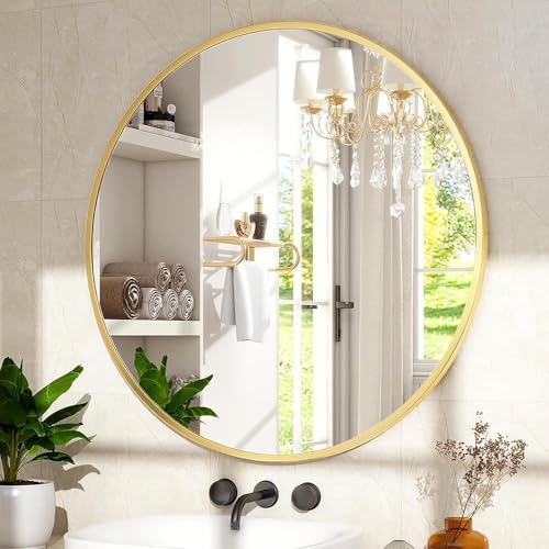 Image of Sidra Decor Round Wall Mirror 24 Inch | Gold Metal Framed Hanging Mirror for Bathroom, Living Room, Bedroom | Decorative Wall Mounted Mirror | HD Vanity Mirror wash Basin (Gold)