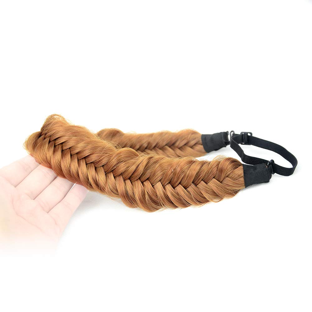 DIGUAN Wide Fishtail 2 Strands Synthetic Hair Braided Headband Classic Chunky Plaited Braids Elastic Stretch Hairpiece Women Girl Beauty accessory,59g Bohemian (Strawberry Blonde)