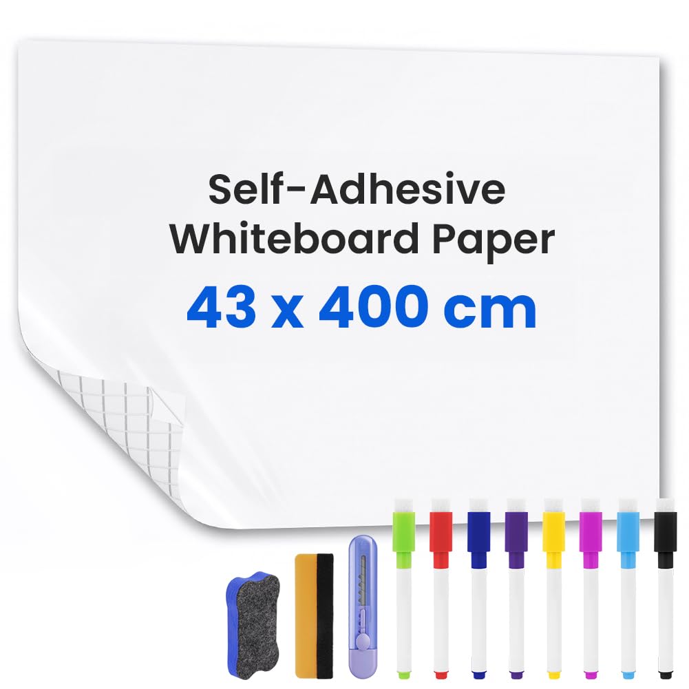 Vicloon Self-Adhesive Whiteboard Sticker Roll 43 cm x 4 m, Dry Erase Wallpaper Kit, No Glue Static Cling White Board Sticker for Home, Office, School, Classroom