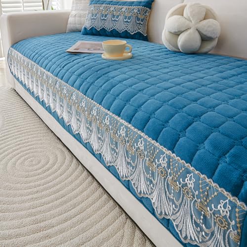 Image of HOKIPO 'BelleLace Series' Imperial Milk Velvet Sofa Cover Mat for 2 Seater Sofa, Lace Design, Celadon Blue (AR-5964-BL*1)