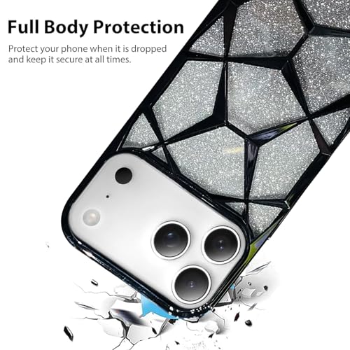 Image of Elzzi Gradient Glitter Back Cover Case Compatible with iPhone 17 Pro, Luxury Electroplated 3D Cube, Diamond Bling Shiny Soft TPU Clear Shockproof Women Girls Protective Phone Cover (Black)