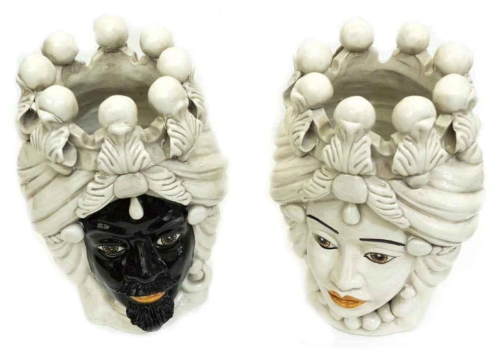 Paire De Têtes De Maure Siciliennes Caltagirone - Céramique Décorée Fumè - 30 Cm
