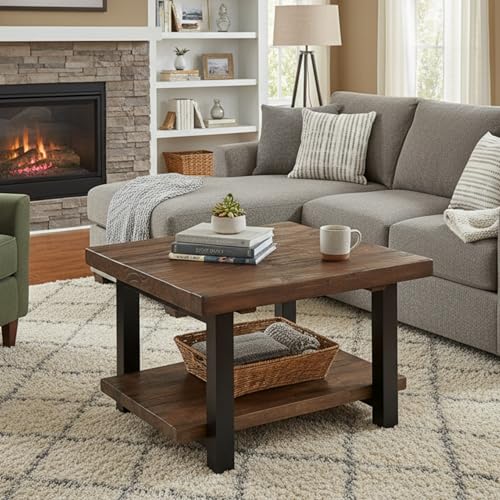 Image of Pomona 27-Inch Square Solid Wood Coffee Table with Metal Legs - Modern Farmhouse Rustic Small Space Table by Alaterre Furniture (Rustic Brown)