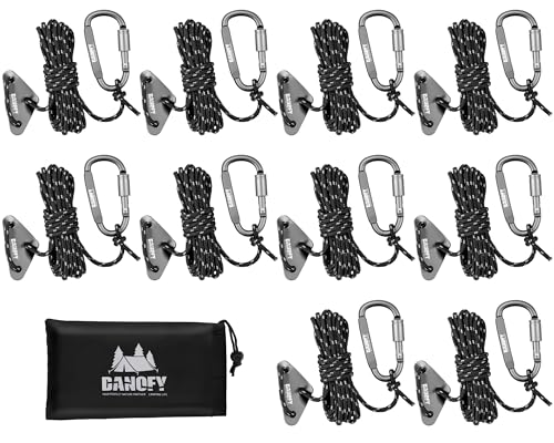 DANOFY ガイロープ 4mm テントロープ タープロープ - 長さ4m 10本 セット 反射 耐荷重450kg 7芯 パラコード ナイロン内芯 ポリエステル表地 ガイドロープ カラビナ 自在金具 収納袋付き キャンプ アウトドア 固定用 紐 ブラックの商品画像（Amazon）