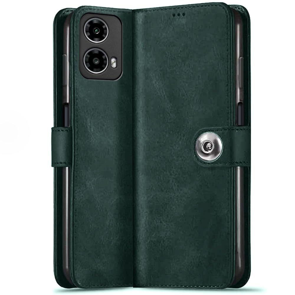 TheGiftKart Genuine Leather Finish Flip Back Cover Case for Motorola Moto G34 / G45 5G | Inbuilt Pockets & Stand | Designer Button Magnet Flip Back Cover for Moto G34 / G45 5G (Faux Leather, Green) (B0DDTVC397) Amazon Price History, Amazon Price Tracker