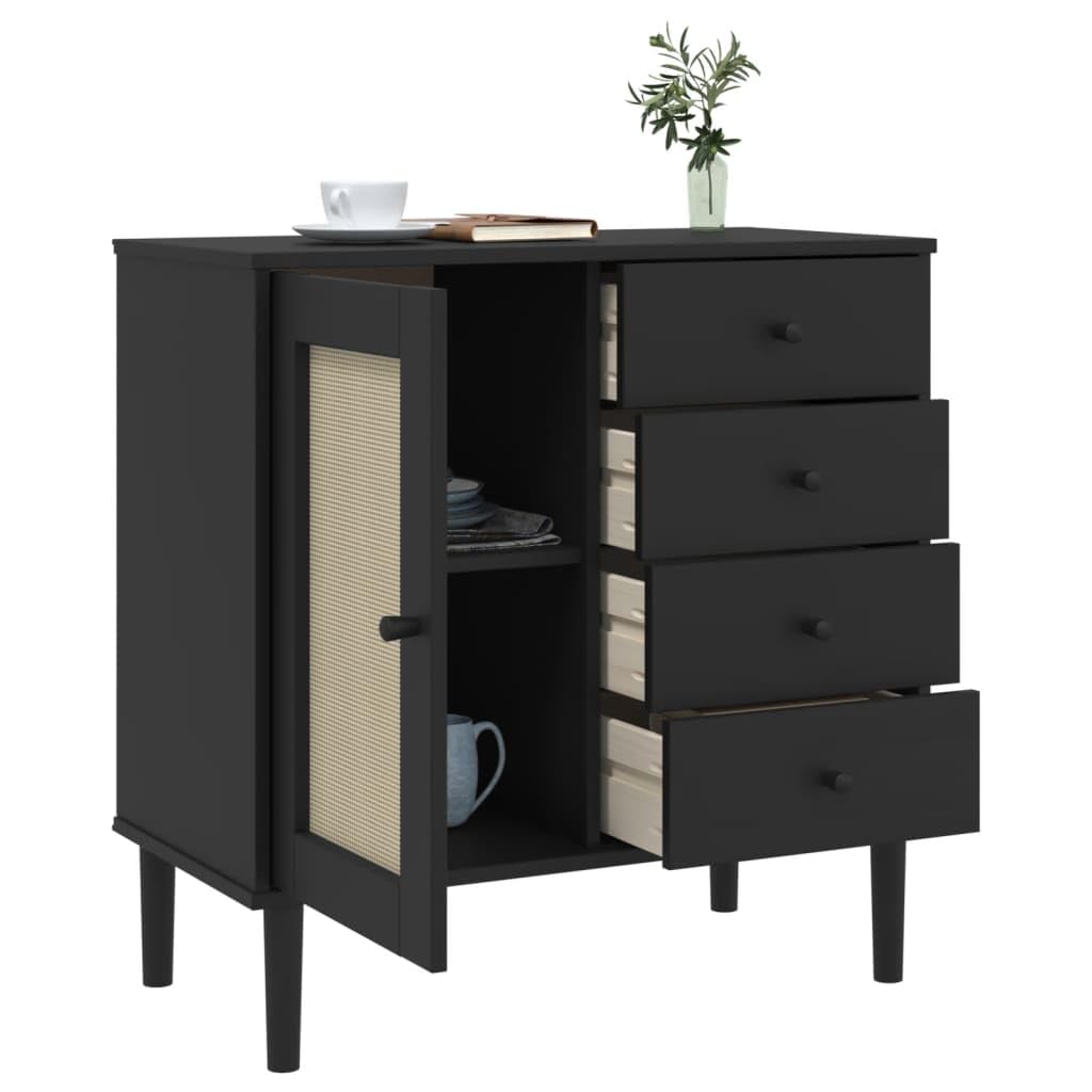 Buffet aspect rotin noir 80 x 40 x 80 cm en pin massif pour décoration d'intérieur moderne