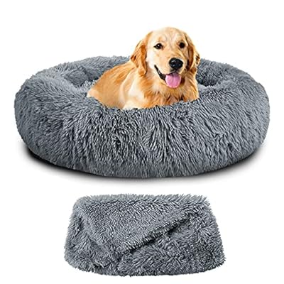 Mirkoo Dog Beds Calming Pet Bed for Large Medium Small Dogs (L/XL/XXL/XXXL) Washable Anti Anxiety Round Fluffy Plush Faux Fur Pet Bed With Removable Blanket, Fits up to 12/16/25/45 Kg Pets