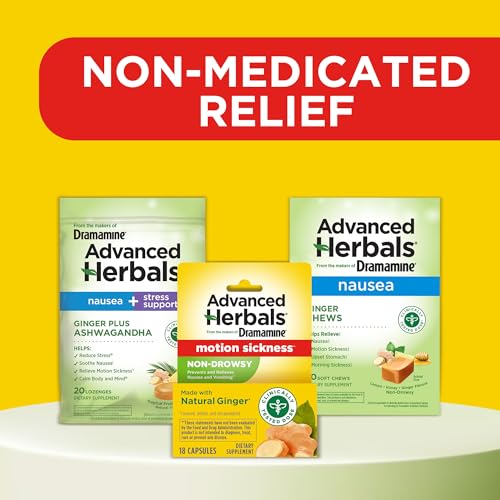Image of From the Makers of Dramamine, Advanced Herbals with Natural Ginger, for Nausea Relief, Morning Sickness Relief & Motion Sickness Relief During Travel, 18 Capsules, Pack of 2