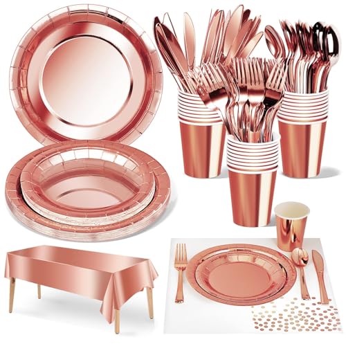 Nkaiso Paper Plates Napkins Cups Set, 141 Pieces Rose Gold Kids B...