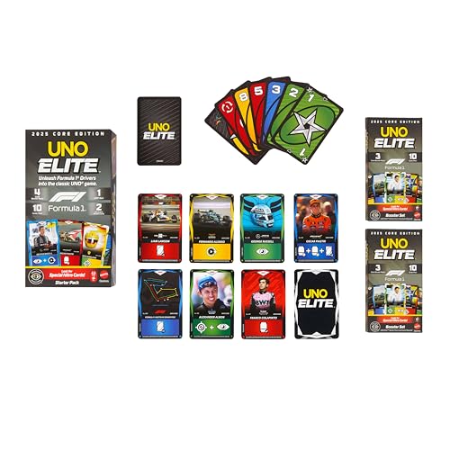 Mattel Games UNO Elite Formel 1 Erweiterungsset 2er-Pack mit 60 Elite-Sonderkarten, 2025 Core Edition, JLV45