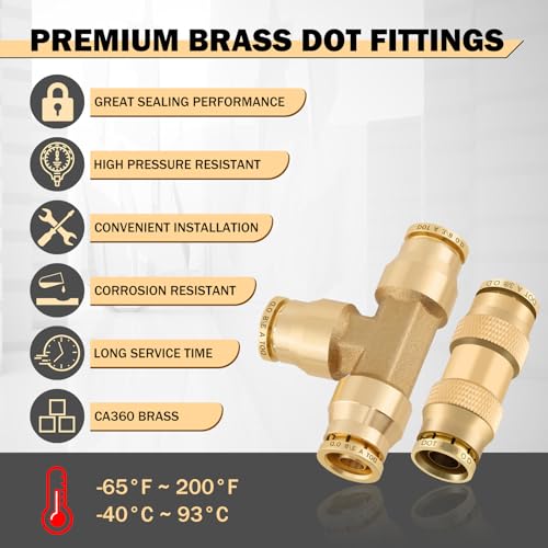 Image of CheeMuii 35 PCS Brass DOT Air Line Fittings Kit 1 /4 3 /8 1 /2 DOT Quick Connect Air Fittings Straight & Tee Union Push to Connect Air Hose Fittings for Semi Truck Trailers Air Brake System