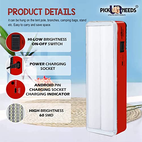 Image of Pick Ur Needs Rechargeable Home Emergency Lantern 60 SMD Tube Floor Lamp Light (Dark Red)