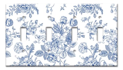 Art Plates - Decorative Light Switch Cover Plate - Wall Plate - 4 Gang Toggle - Blue Flower Line Art