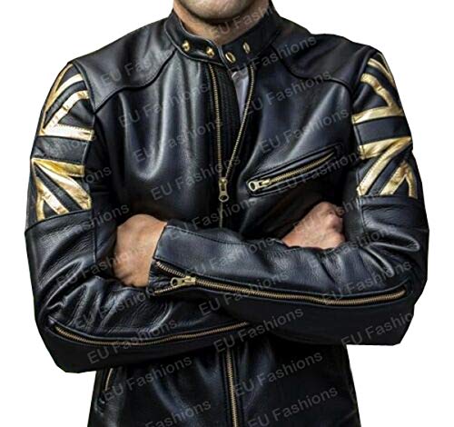 Fancyd Union Jack UK FLAG Cafe Racer Vintage Men Yellow/Black Motorcycle Biker Leather Jacket - cafe racer jacket2