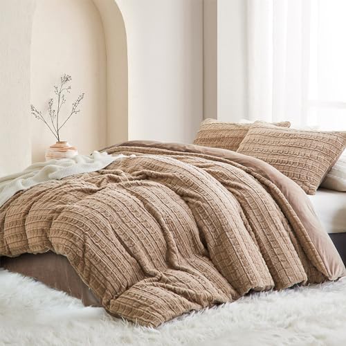 Lanqinglv Plush Bed Linen 135 x 200 cm Faux Fur Khaki Fluffy Winter Bed Linen Warm Cosy Flannel Fleece Cashmere Touch Flannelette Duvet Cover with Zip and 1 Pillowcase 80 x 80 cm - Image 2