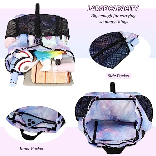 Lohol Lightweight Drawstring Backpack with Mesh Pockets for Women Men, Water Resistant String Bag for Sports Beach Swimming Camp Travel (Galaxy Purple Blue)4