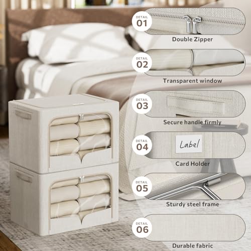 3 Pack Clothes Storage Bins Foldable Metal Frame Storage Box Stackable Linen Fabric Organizer Set with Carrying Handles and Clear Window (Beige, 15.7x11.8x7.8inch(22L)) - Image 5