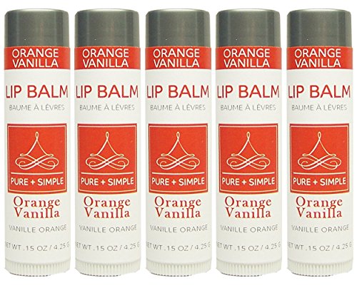 PURE + SIMPLE Orange Vanilla Lip Balm Collection, Vegan, Set of 5 Tubes, Avocado Butter, Jojoba Oil, Vitamin E Complex Healing treatmen