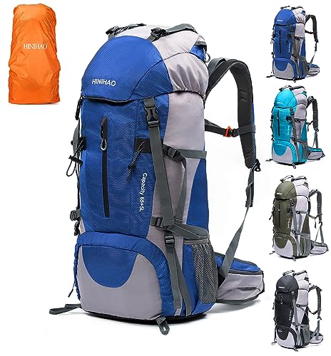 HINIHAO 70L Camping Hiking Backpack with Rain Cover Backpacking Backpack for Treeking Outdoor Travel Pack (70L Blue)