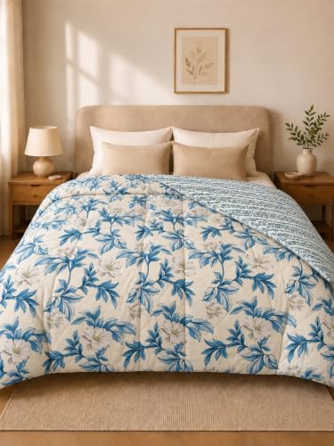 Image of Signature Reversible AC Comforter Set 350 GSM,Soft Microfibre King Size Quilt Blanket for Winter (Blue Magnolia, Double Bed)