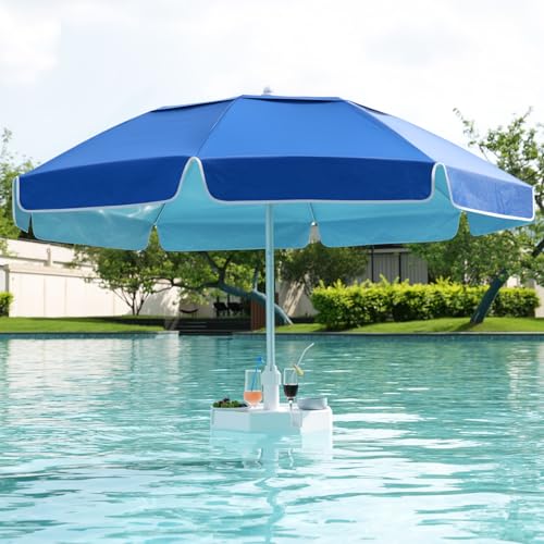 Floating Pool Umbrella Polyester Fabric UV-Resistant Outdoor Sunshade Umbrella for Inside of Pool Portable Floating Table with Beverage Rack Rust-Resistant Aluminum Alloy Shaft for Manual Instant Assembly Suitable for Swimming Pools Beaches and Outdoor Lakes