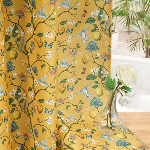 Fammio Yellow Floral Bird Shower Curtain 72x72 Hummingbird and Lemon Botanical Fabric Bath Curtains Lightweight Quick-Dry Bathroom Shower Curtain Set with Hooks