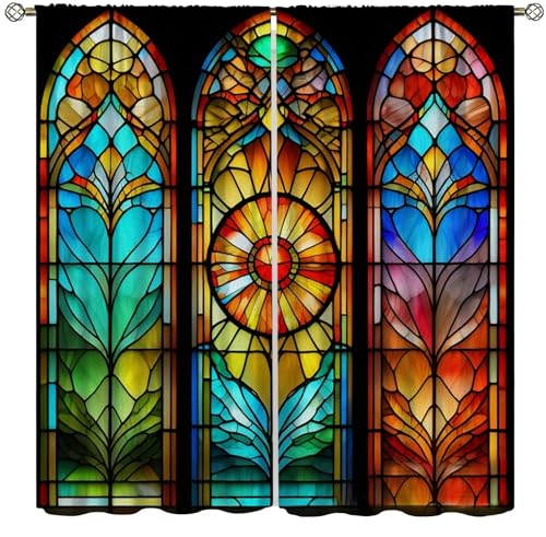 Fblifil Colorful Old Castle Curtain, Stained Glass Modern Art Design Sun Plant Printed Rod Pocket...