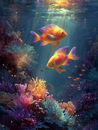 ペイントバイナンバー 魚 ナンバーペイント 海 大人用 初心者向け 手塗り 塗り絵 ハンドメイドクラフトアート 簡単 DIY 数字油絵 セット 含む インテリア アクリル 水彩絵の具, レトロ インテリア 壁飾り ホームデコレーション ギフト 額縁付き 5