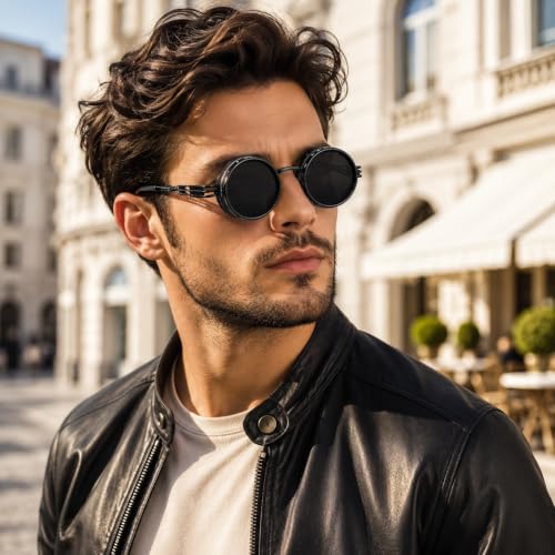 Image of Adjustable Tint Polarized Round Sunglass with Stepless Adjustable Sunglasses for Men,1-9 Gears Beach Sunglasses - Eyewear with Adjustable Lens.