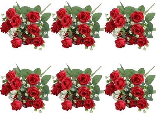 6-Pack Red Silk Rose Bouquets, 60 Roses Artificial Flowers Heads with Faux Baby's Breath Stems Leaves, Fake Roses for Wedding Bouquets, Centerpieces & Home Table Décor