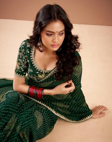 Image of SIRIL Women's Georgette Bandhani Printed, Embroidery Lace Saree With Unstitched Blouse Piece