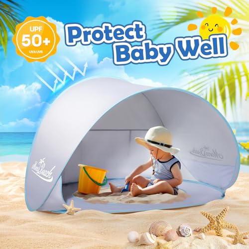 Image of Monobeach Baby Beach Tent Pop Up Portable Shade Pool UPF50+ UV Protection Sun Shelter for Infant with Easy Set Up Canopy (Silver Beach Tent)