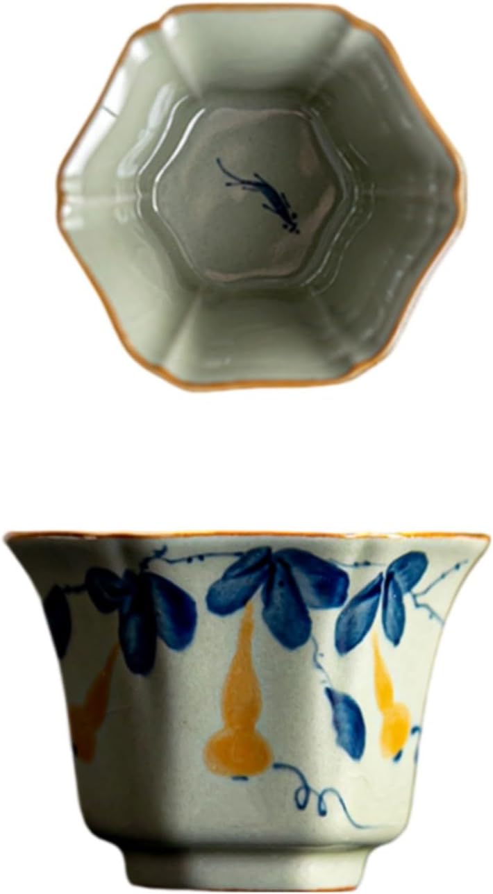 仿古青花手绘茶杯主人杯陶瓷家用个人杯 Ceramic Kung Fu Tea Set,teapot,Teacups,warming Wedding Birthday Gift,Tea Tray Chinese,Dishwasher Safe 纯手绘-景德柴窑福禄曼蒂【六边杯】