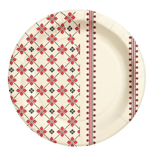 Image of Potluck Red Pattern Disposable Paper Plates, 9 Inch Food Grade Tableware for Parties, Events, Snacks & Meal Serving Pack