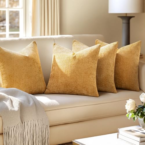 Image of MIULEE Pack of 4 Couch Throw Pillow Covers 18x18 Inch Gold Soft Decorative Chenille Pillow Covers Farmhouse Accent Cushion Covers for Boho Spring Home Decor Sofa Bedroom Living Room