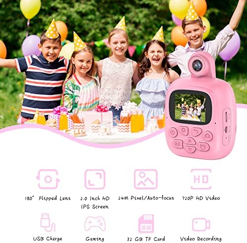 JL Comfurni Instant Print Camera for Kids, Zero Ink Kids Camera with 6 Rolls Print Paper and 32G SD Card Toddler, Digital Camera Toys 2.0" IPS Screen Gifts for Girls and Boys Pink