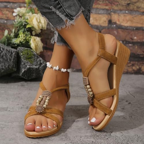 Wedge Sandals for Women Dressy Casual Boho T-Strap Buckle Pearls Sandals Elastic Band Platform Beach Shoes2
