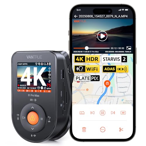 Vantrue S1 Pro Max 4K Dash Cam Front STARVIS 2 HDR Night Vision Dash Camera 24/7 Parking Mode Voice/APP Control 5GHz WiFi PlatePix Night Vision GPS Support 1TB Max.