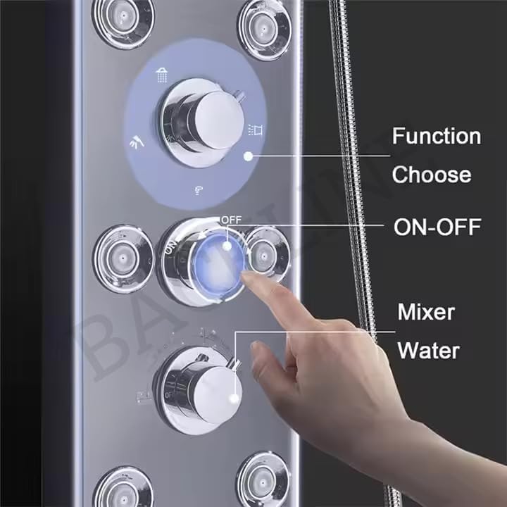 Image of Backline Shower Panel Stainless Steel 304 Grade 6 in 1 Thermostatic System With LED Rainfall Shower | Hot & Cold Water Adjustable | Hand Shower | Body Mist Spray | Water Spout