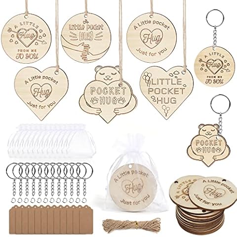 24PCS Little Pocket Hug, 6 Styles Wooden Pocket Hug Heart Token with Hole, Pocket Hug Gifts Christmas with Rope Keyrings Organza Bags Tags, Thinking of You Present for Family Friends Cover