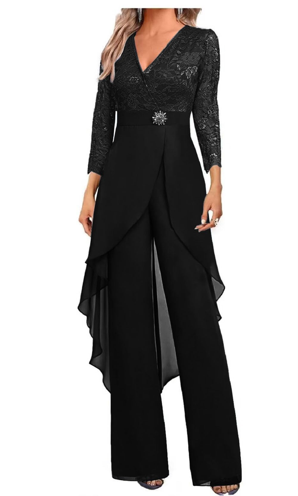 2 PC Lace Chiffon Mother of The Bride Pant Suits with Lace Rhinestones Womens Outfits for Wedding