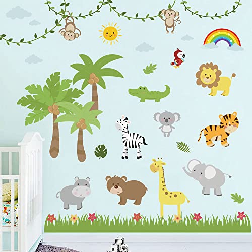 Supzone Jungle Animals Wall Sticker Tropical Animal Wall Decal Coconut Tree Elephant Monkey Lion Wall Decor For Kids Baby Diy Vinyl Mural Art For Nursery Bedroom Living Room Playroom #TOP7
