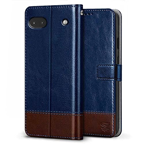 Image of FLIPPED Vegan Leather Flip Case Back Cover for Google Pixel 6A (Flexible, Shock Proof | Hand Stitched Leather Finish | Card Pockets Wallet & Stand | Blue with Brown)