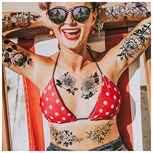 Cerlaza Temporary Tattoos For Women, Henna Fake Flower Tattoos Stickers For Adults, Semi Permanent Half Sleeve Tattoos Body Leg Makeup Waterproof, Flower Tatuajes Temporales-12 Sheets #TOP5
