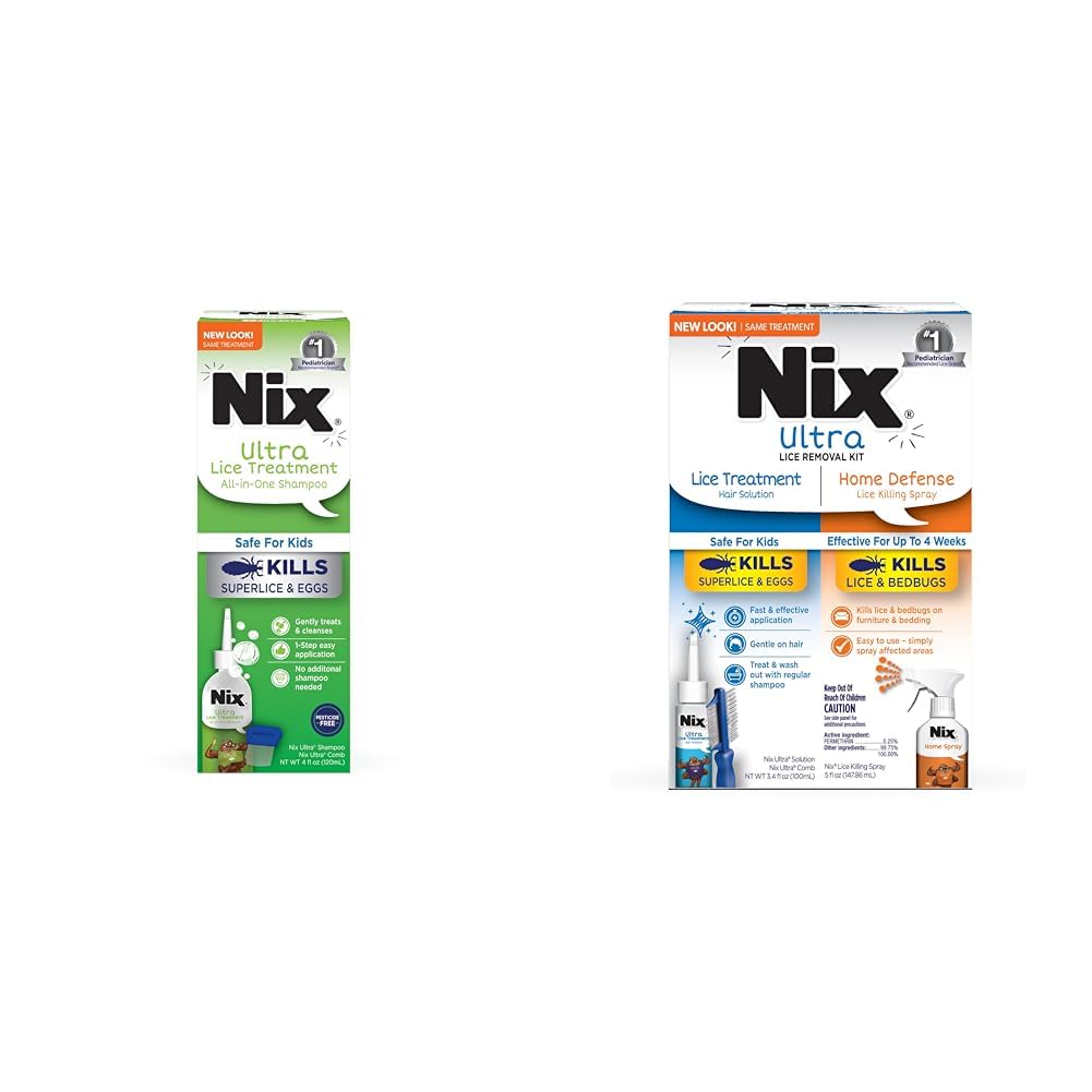 Nix Ultra Superlice Treatment, All-in-One Shampoo, 4 Fl Oz & Lice Removal Comb & Lice Removal Kit - Lice Treatment Hair Solution and Comb, Home Defense Bedbug and Lice Killing Spray
