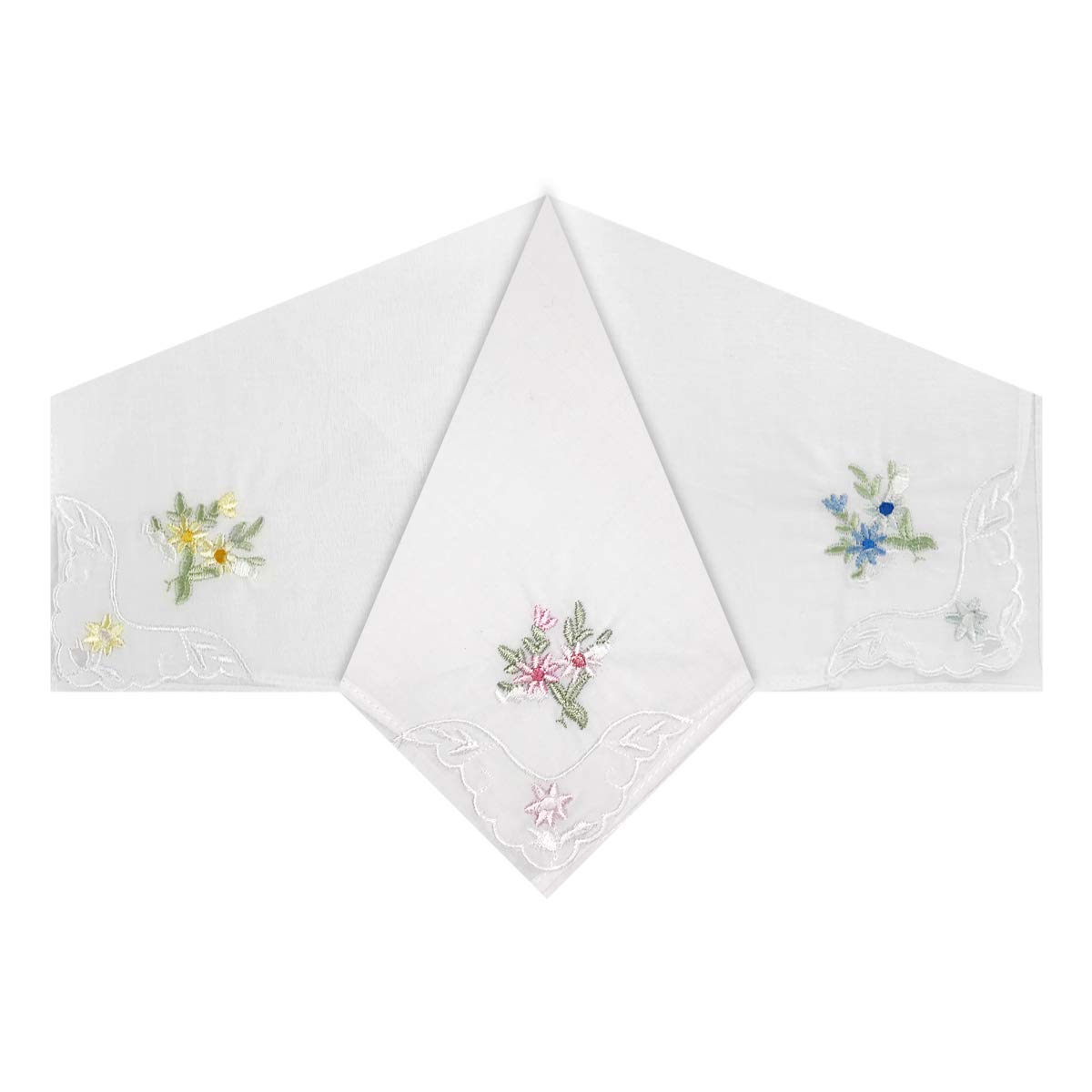 Warwick & Vance Pack Of 3 Womens/Ladies White Handkerchiefs, Floral Embroidered With Scallop & Lace Corners, 100% Cotton, 29 x 29cm